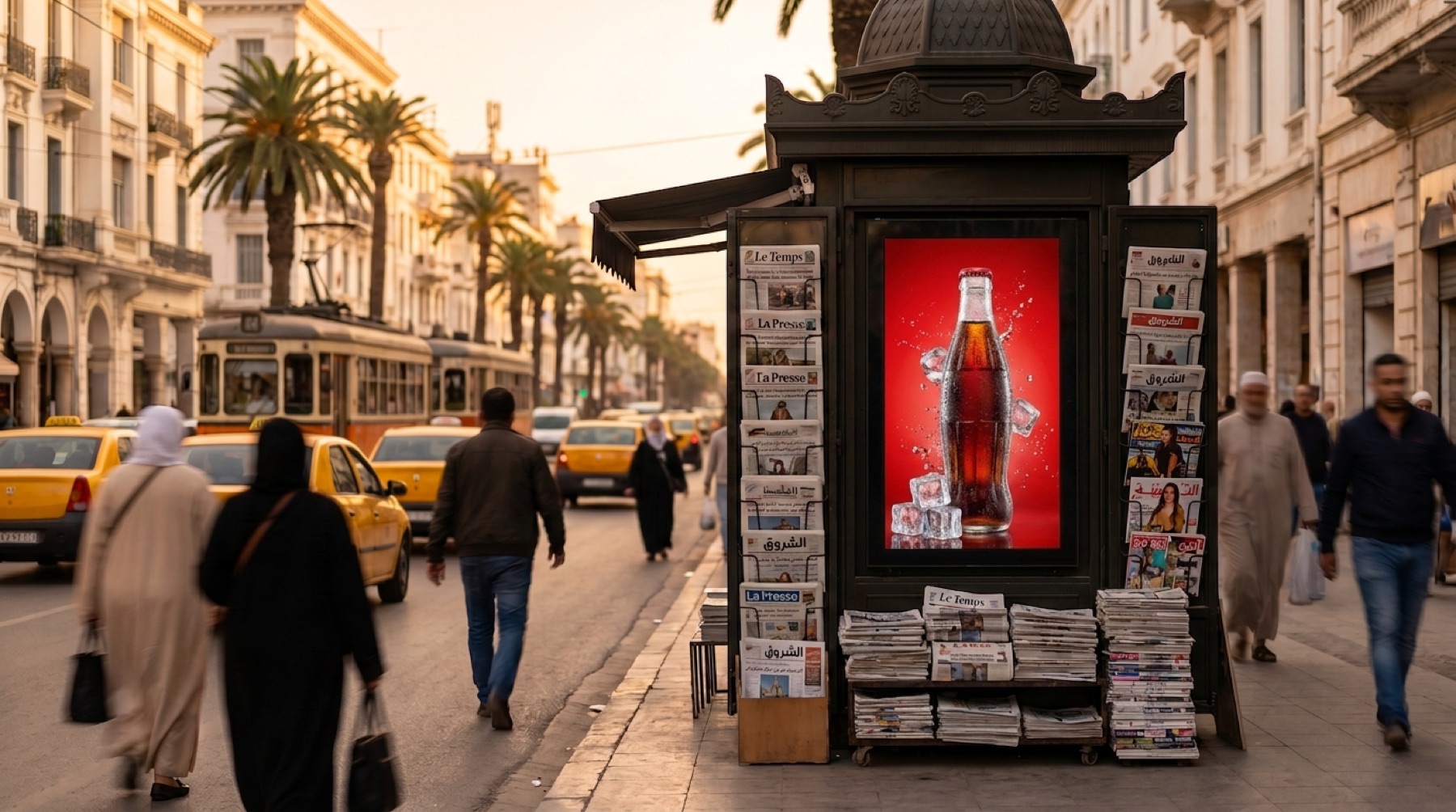 Écran publicitaire numérique sur un kiosque à journaux, avenue de Tunis