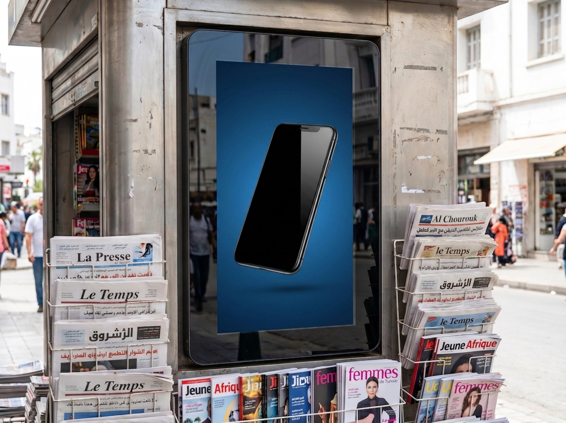 Écran publicitaire numérique au-dessus d'un présentoir de journaux et magazines