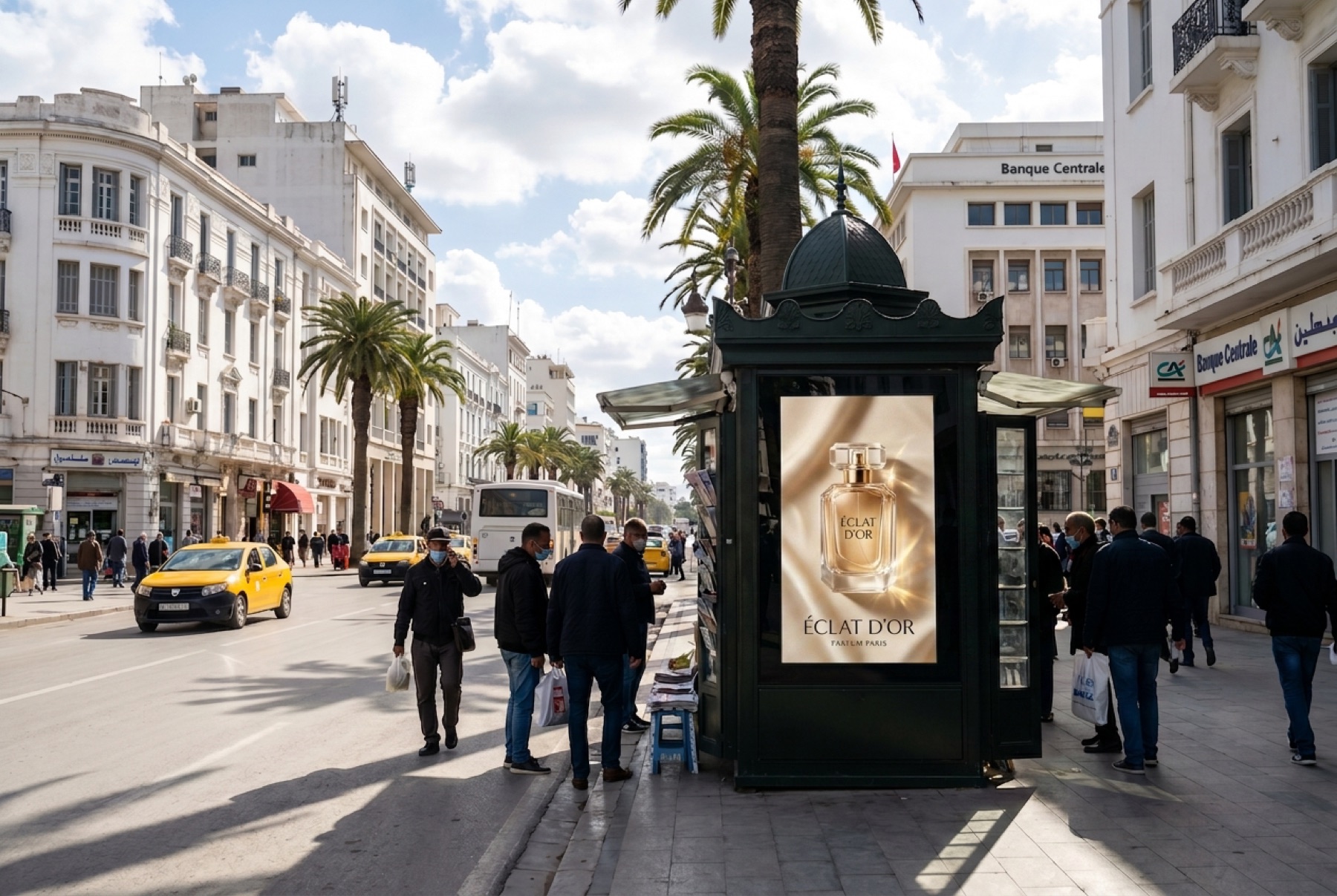 Kiosque à journaux avec écran numérique sur une avenue du Grand Tunis