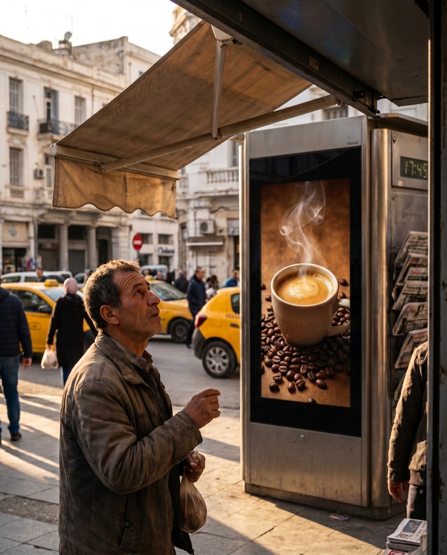 Passant regardant un écran publicitaire numérique sur un kiosque