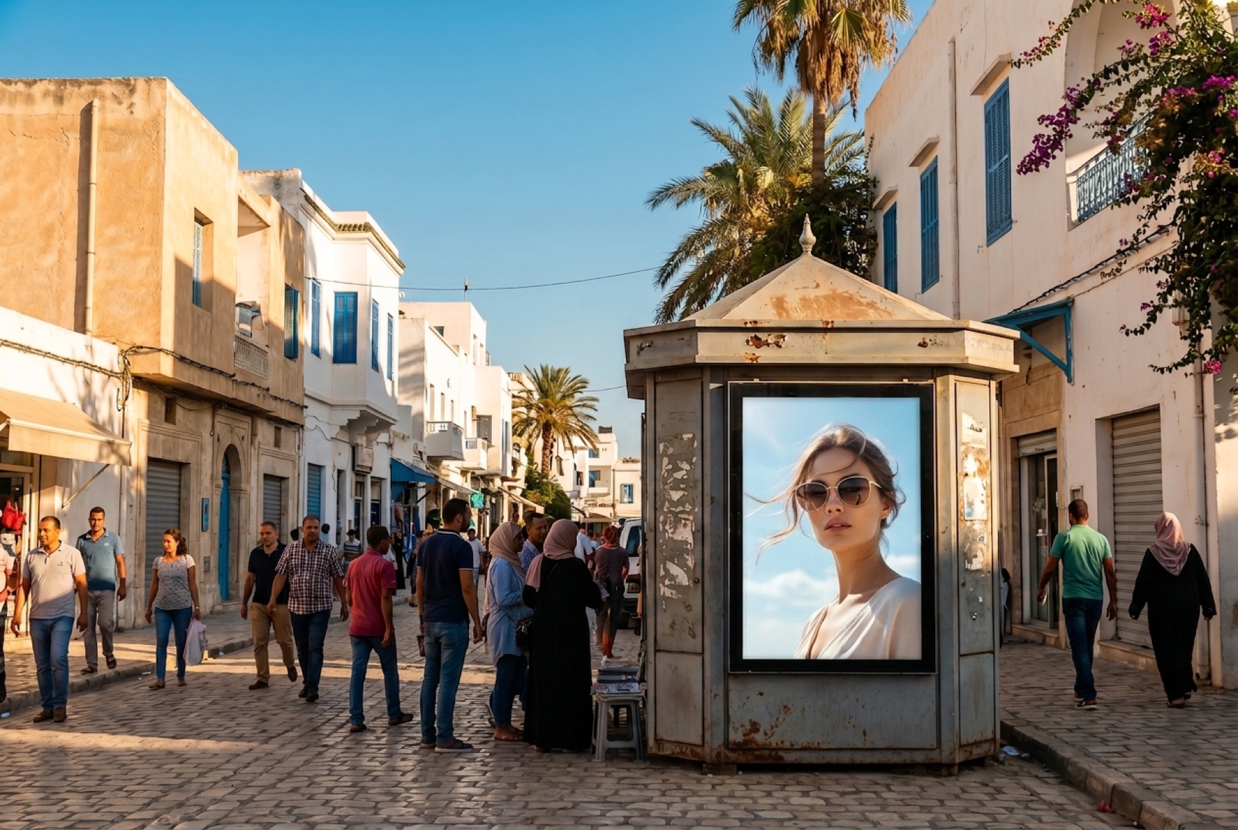 Kiosque à journaux avec écran numérique dans une rue de Sousse